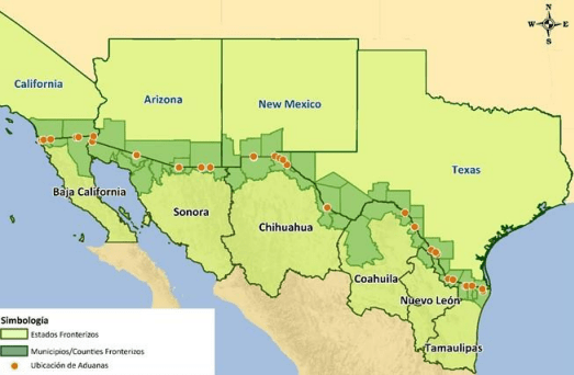 Mapa: Nadbank. Localización de las aduanas en la frontera México-Estados Unidos.