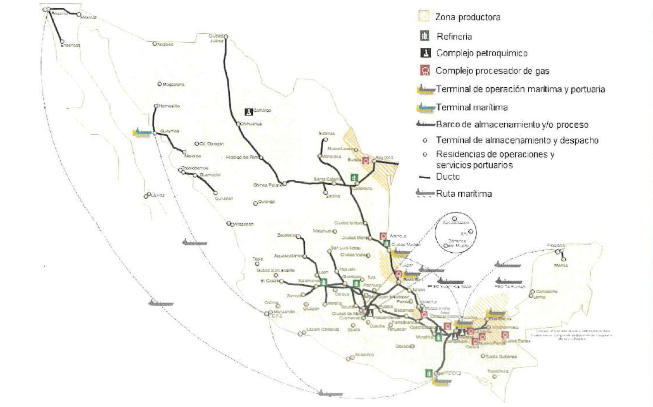 Entre las principales infraestructuras de Pemex en México, están pozos productores en operación. Among Pemex's main infrastructures in Mexico, there are producing wells in operation.