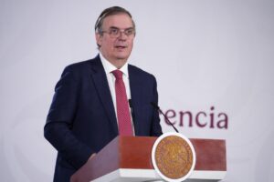 Marcelo Ebrard speaks at a conference on the USMCA, Section 301 tariffs, and Mexico’s strategy to secure preferential treatment from the United States.