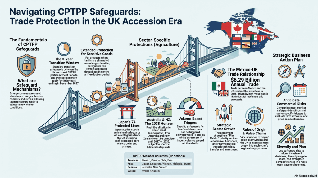 Cette infographie détaille le fonctionnement et l'importance stratégique des mesures de sauvegarde dans le cadre de l'Accord global et progressiste de partenariat transpacifique (TPPGP), en particulier depuis l'adhésion du Royaume-Uni.