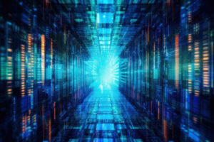 A perspective shot of a futuristic, technologically advanced aisle inside a data center. Walls of glowing circuits in shades of cyan and orange draw the eye toward an intense central light.