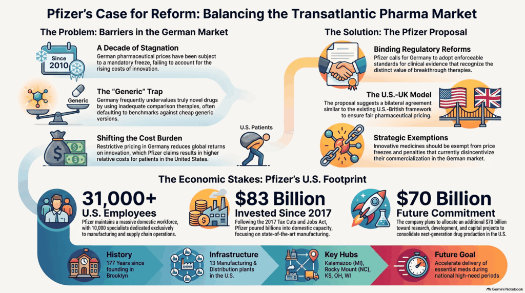 Infographic detailing Pfizer’s proposal for a pharmaceutical agreement between the U.S. and Germany, seeking to reform German pricing policies that undervalue innovative medicines compared to generics and discounts.