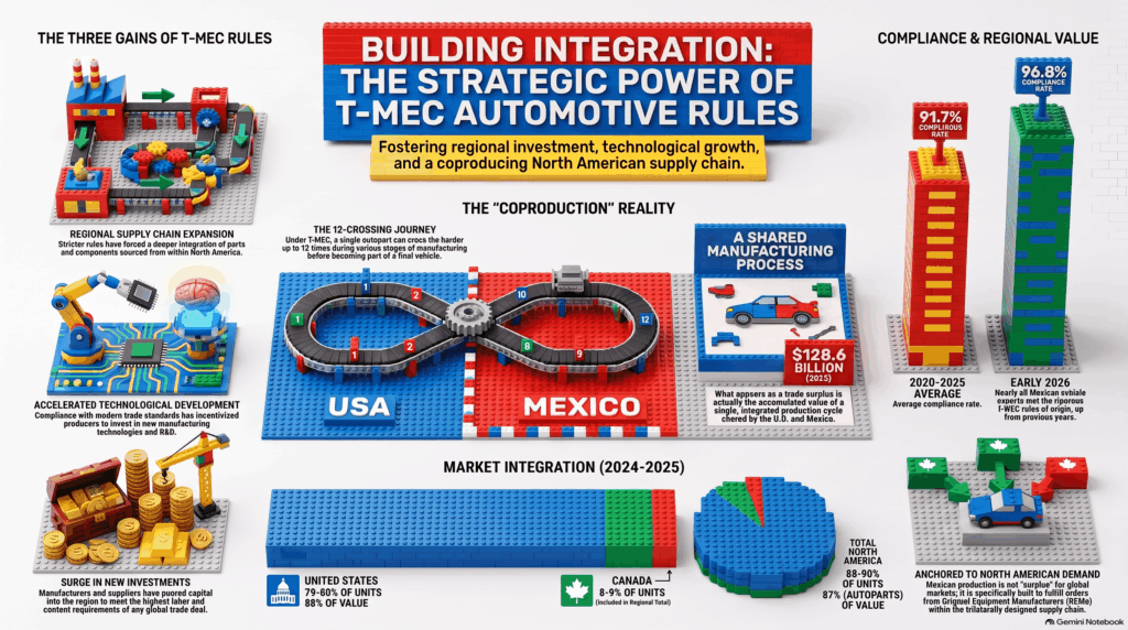 Gráfico que ilustra el cumplimiento del 96.8% de las reglas de origen del T-MEC por México, detallando la distribución de exportaciones automotrices hacia Estados Unidos y Canadá bajo procesos industriales integrados.