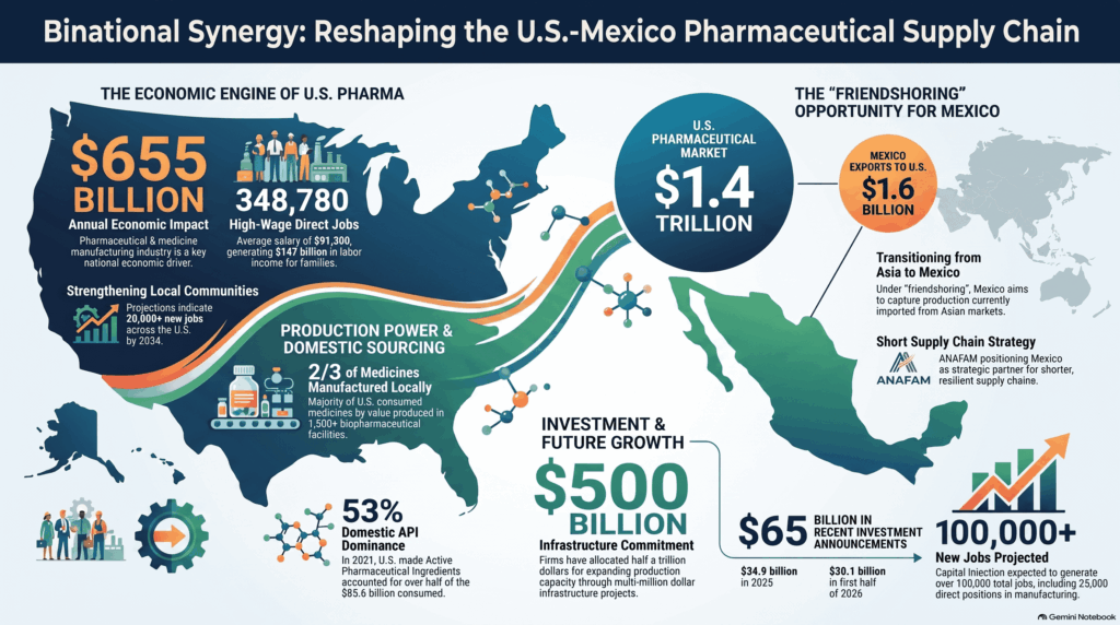 Infographic on the binational pharmaceutical supply chain between the U.S. and Mexico, highlighting capital investments, U.S. industrial employment, and the potential for production relocation for the Mexican industry.