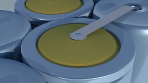 Visual representation of lithium battery production: close-ups of cylindrical cells in the assembly process, featuring metal casings and top electrodes, illustrating the technological application of the mineral.