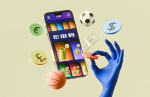 Mano azul sostiene una moneda frente a un teléfono con juegos de casino, rodeado de balones de fútbol y baloncesto y monedas de distintas divisas.