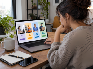 Mujer analizando en su computadora ofertas de empleo internacionales con perfiles de atención a clientes, construcción, medicina y reparto, para evaluar mejores opciones laborales, salarios y beneficios en el extranjero.