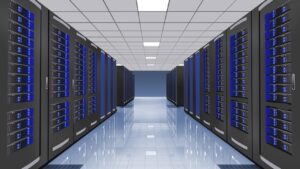 Una ilustración simétrica que muestra el pasillo central de un moderno centro de datos de alta densidad, flanqueado por dos filas de gabinetes de servidores negros con luces indicadoras LED azules y componentes reflectantes.