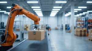 Brazo robótico industrial de color naranja sosteniendo una caja de cartón sobre una banda transportadora en una fábrica moderna, amplia y con iluminación brillante. Estados Unidos ve oportunidades en la conversión de fábricas inteligentes en México.