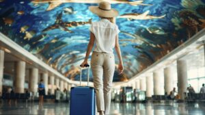 Vista posterior de una mujer con sombrero de paja y blusa blanca caminando por la terminal de un aeropuerto con su maleta azul, bajo un techo decorado con vida marina. Puntos rewards: cómo funcionan los programas de viajero frecuente.