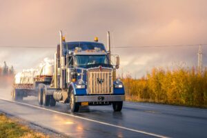Um caminhão de carga azul circula por uma estrada molhada ao entardecer, transportando mercadorias industriais em uma plataforma rebocada, cercado por vegetação outonal e árvores sob um céu nublado. PIB e exportações de Chihuahua: o estado lidera o ranking de indicadores.