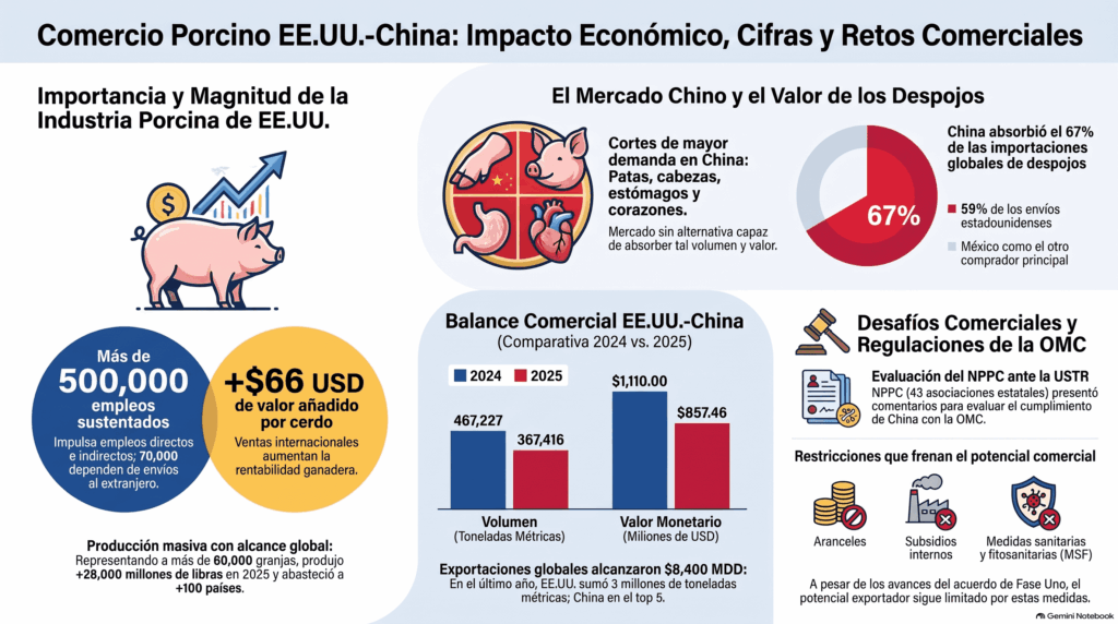 Gráfico sobre las exportaciones porcinas de EE.UU. a China, mostrando la caída del volumen y valor comercial en 2025, destacando partes clave como patas, cabezas, estómagos y corazones de cerdo.