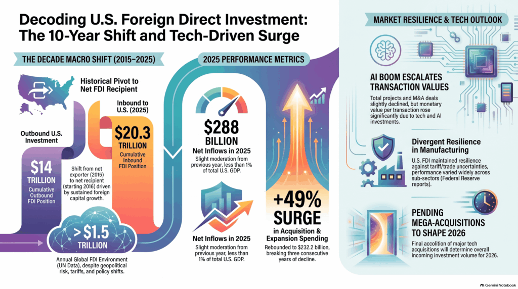 A visual chart illustrating the evolution of foreign direct investment in the United States, highlighting the structural shift from a net sender to a net recipient between 2015 and 2025.
