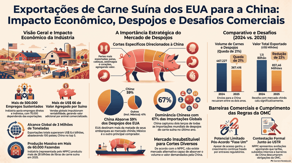 Gráfico sobre as exportações suinícolas dos EUA para a China, mostrando a queda no volume e no valor comercial em 2025, destacando partes-chave como pernas, cabeças, estômagos e corações de porco.