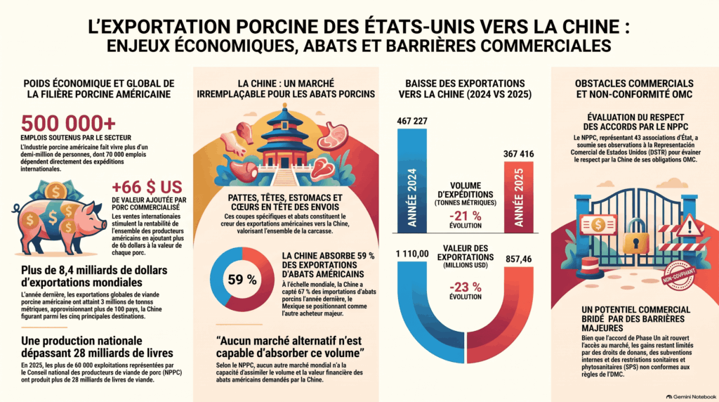 Graphique sur les exportations porcines des États-Unis vers la Chine, montrant la baisse du volume et de la valeur commerciale en 2025, et mettant en évidence les parties clés telles que les pattes, les têtes, les estomacs et les cœurs de porc.