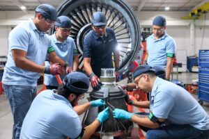 Cinq hommes portant des uniformes Safran et des insignes « Technicien en formation » dans un atelier technique. Ils travaillent avec minutie sur un composant d’un moteur à réaction démonté, sous la supervision d’un formateur. Les services MRO de Safran au Mexique : désormais répartis sur quatre sites.