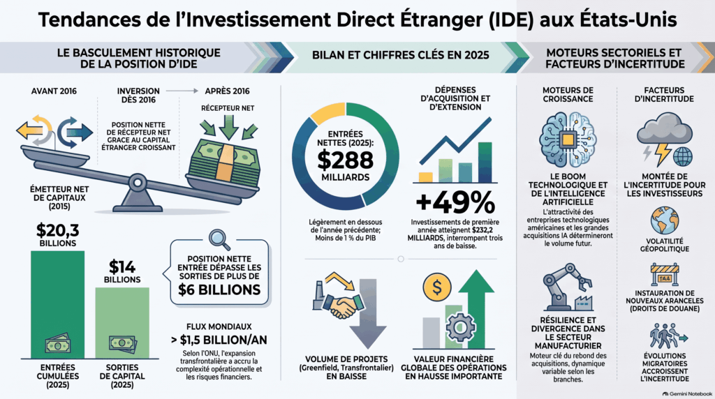 Graphique illustrant l’évolution des investissements directs étrangers aux États-Unis, mettant en évidence le changement structurel de position, passant du statut d’émetteur à celui de destinataire net entre 2015 et 2025.