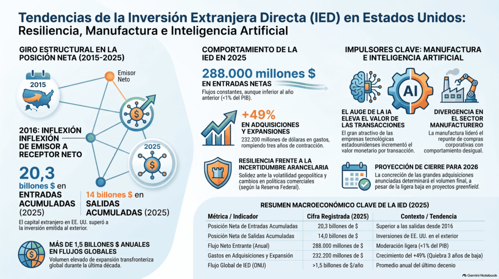 Gráfico visual que ilustra la evolución de la inversión extranjera directa en Estados Unidos, destacando el cambio estructural de posición desde emisor hacia receptor neto entre el 2015 y 2025.