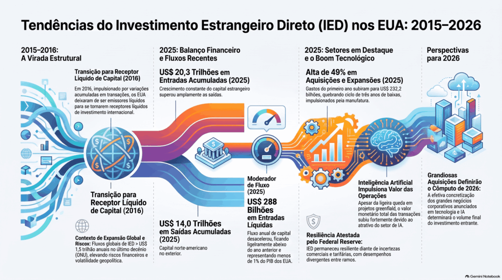 Gráfico que ilustra a evolução do investimento estrangeiro direto nos Estados Unidos, destacando a mudança estrutural de posição, de emissor para receptor líquido, entre 2015 e 2025.
