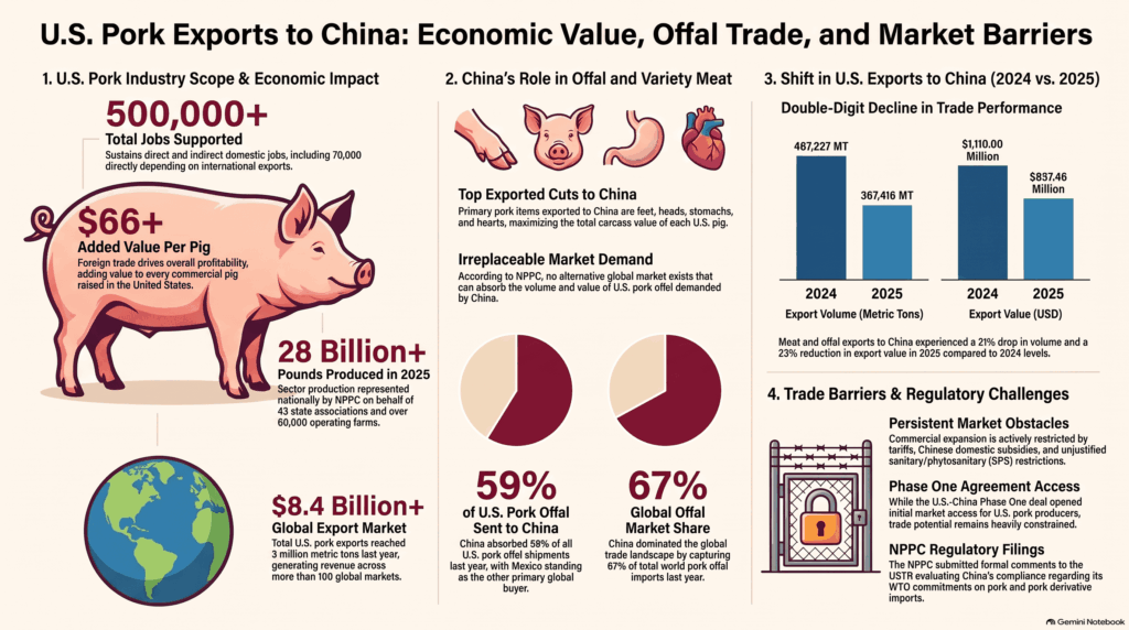 Chart on U.S. pork exports to China, showing the decline in trade volume and value in 2025, highlighting key parts such as pork feet, heads, stomachs, and hearts.